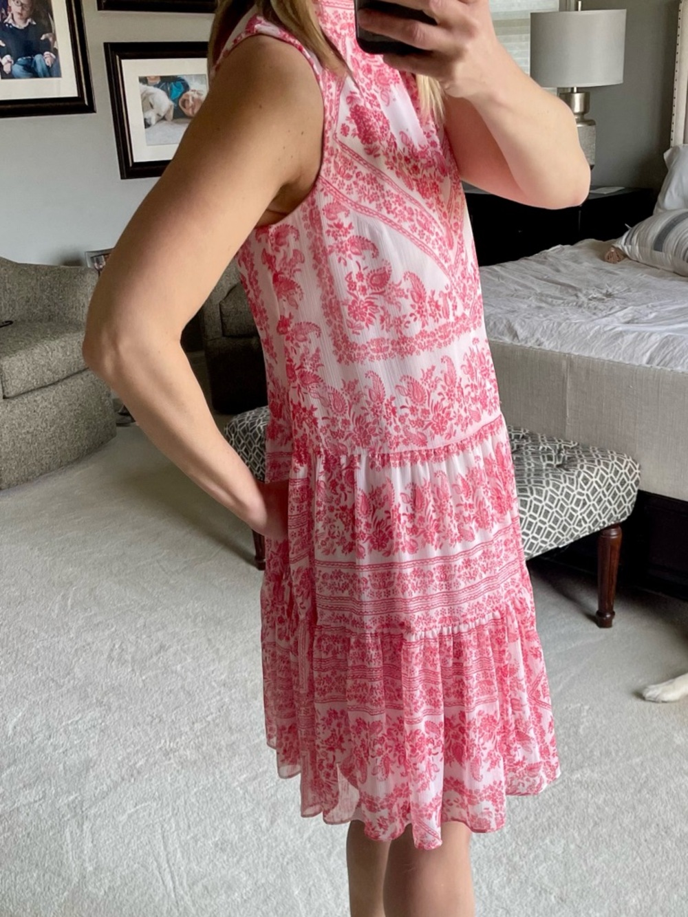 Paisley Pink/White Mock Neck Sleeveless Flowy Dress | Calvin Klein | Size 2 - Picture 4 of 13